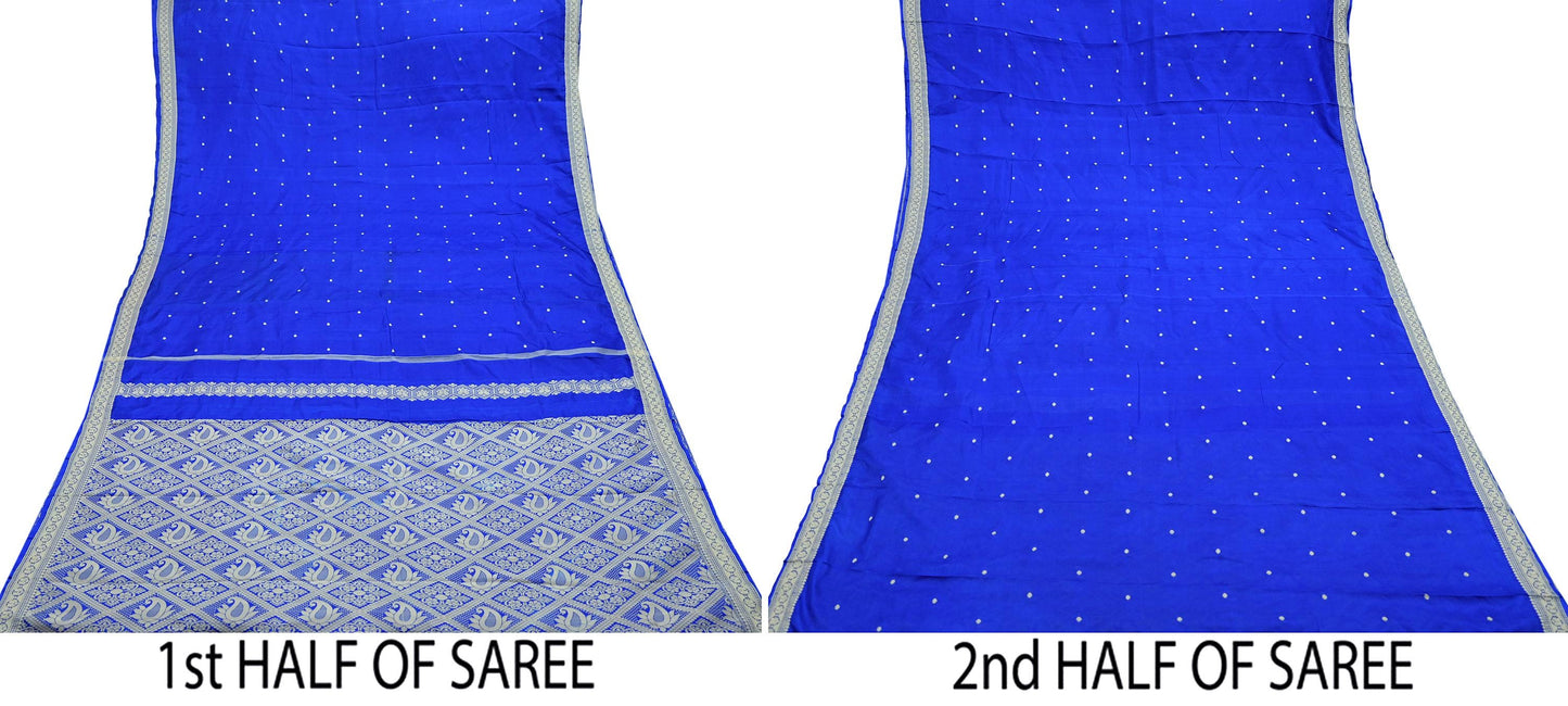 Indian Vintage Sari Royal Blue 100% Pure Silk Hand Woven Baluchari Sarees Craft Fabric 5yd Sewing Dress Designing Crafting Quilting Upcycle
