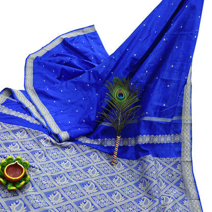 Indian Vintage Sari Royal Blue 100% Pure Silk Hand Woven Baluchari Sarees Craft Fabric 5yd Sewing Dress Designing Crafting Quilting Upcycle