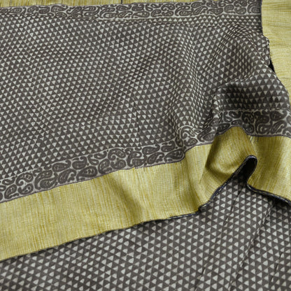 Indian Vintage Sari Brown Pure chanderi Silk Bagru Printed Sarees Craft Fabric 5Yd Floral Soft Zari Border Ethnic Dress making
