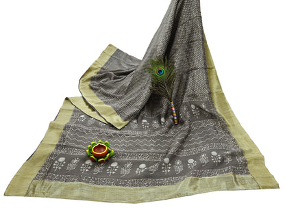 Indian Vintage Sari Brown Pure chanderi Silk Bagru Printed Sarees Craft Fabric 5Yd Floral Soft Zari Border Ethnic Dress making