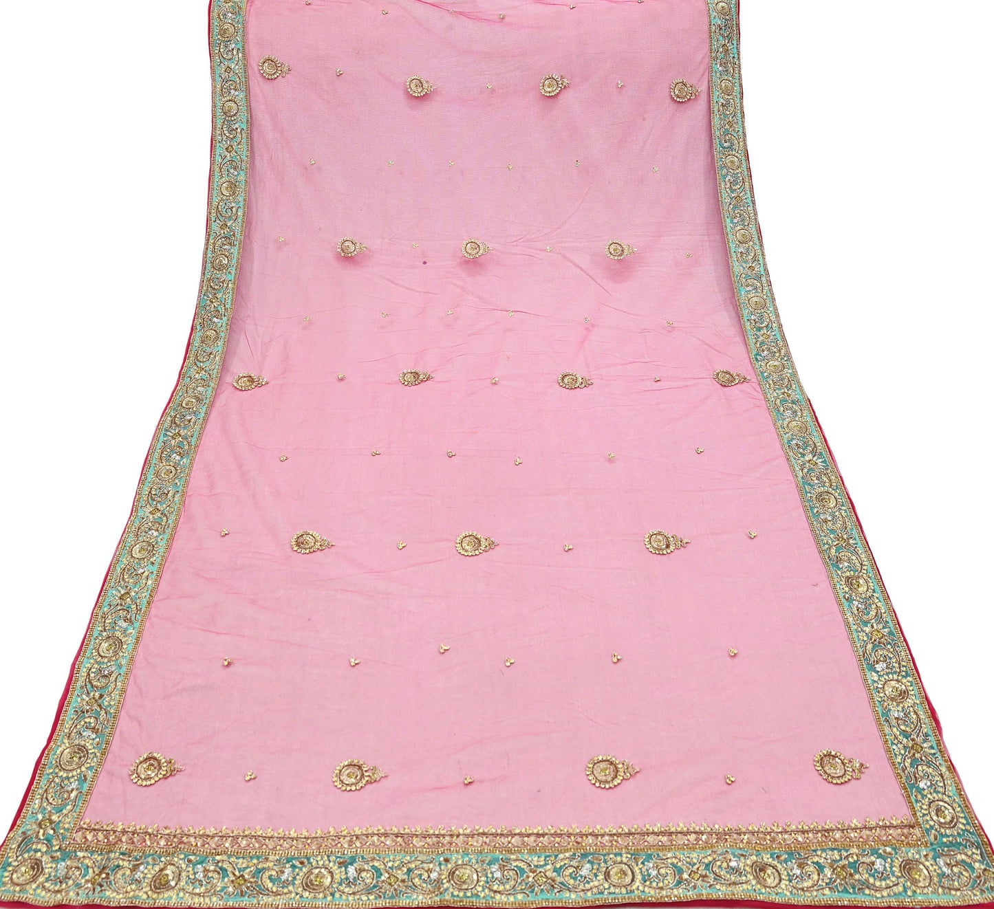 Indian Vintage Heavy Bridal Dupatta Pink Net Mesh Long Stole Hand Embroidered Scarves Silver Zardozi Dabka Zari Sequins Wedding Dupatta