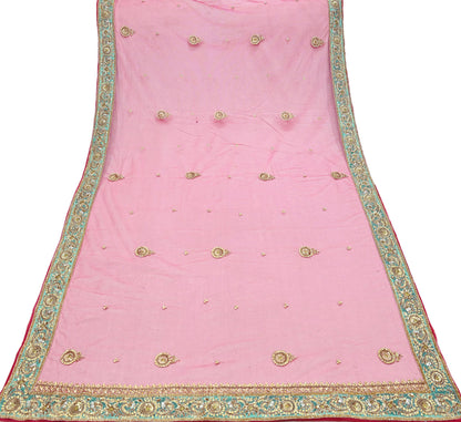 Indian Vintage Heavy Bridal Dupatta Pink Net Mesh Long Stole Hand Embroidered Scarves Silver Zardozi Dabka Zari Sequins Wedding Dupatta