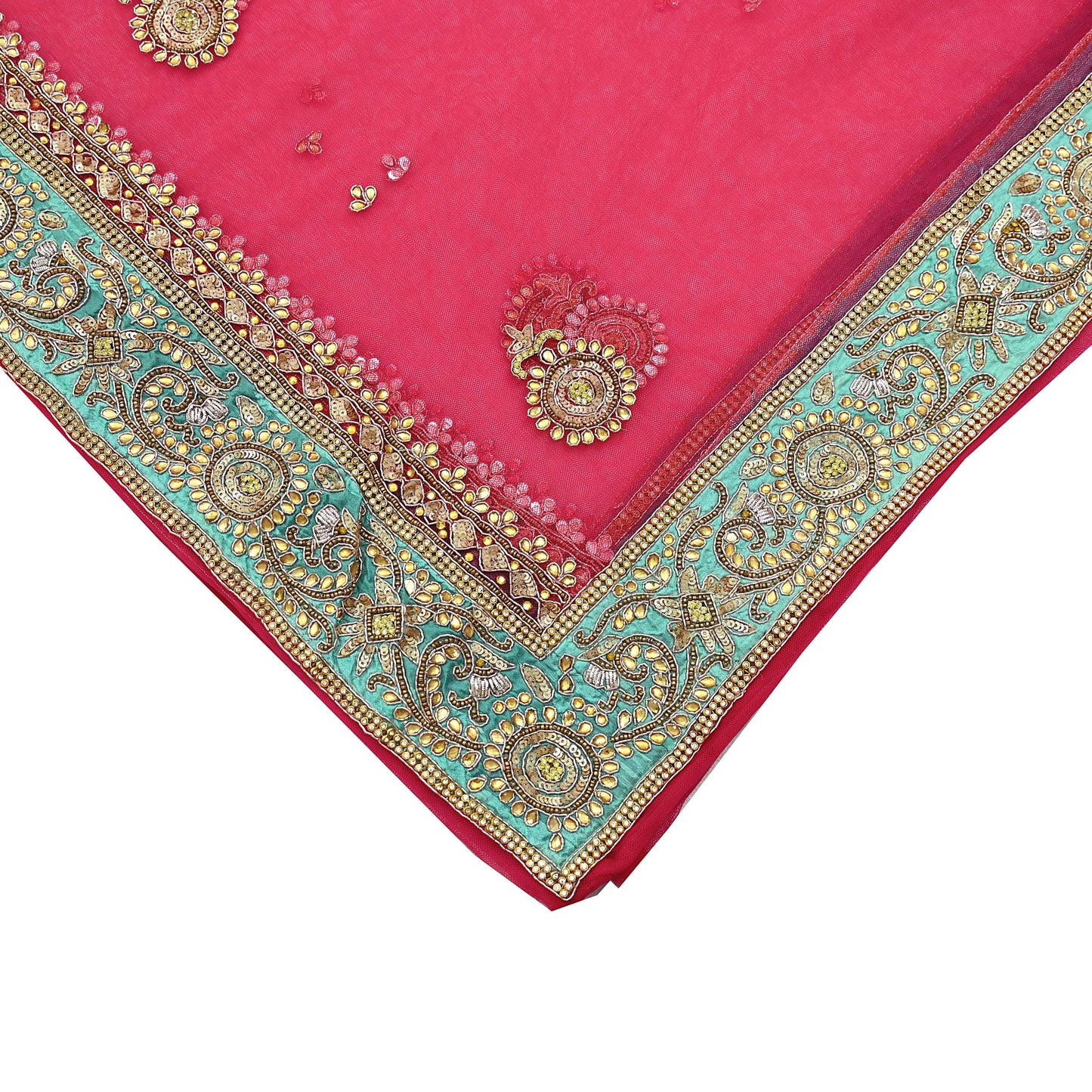 Indian Vintage Heavy Bridal Dupatta Pink Net Mesh Long Stole Hand Embroidered Scarves Silver Zardozi Dabka Zari Sequins Wedding Dupatta