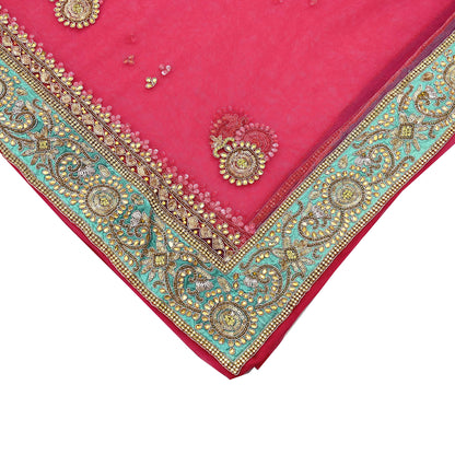 Indian Vintage Heavy Bridal Dupatta Pink Net Mesh Long Stole Hand Embroidered Scarves Silver Zardozi Dabka Zari Sequins Wedding Dupatta