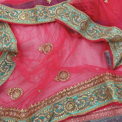 Indian Vintage Heavy Bridal Dupatta Pink Net Mesh Long Stole Hand Embroidered Scarves Silver Zardozi Dabka Zari Sequins Wedding Dupatta