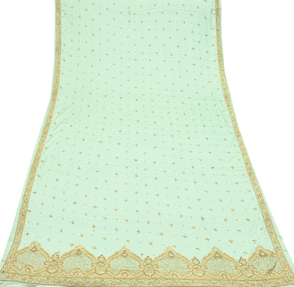 Indian Vintage Heavy Wedding Green Dupatta Pure Satin Silk Long Stole Hand Embroidered Scarves Golden Zardozi Stole