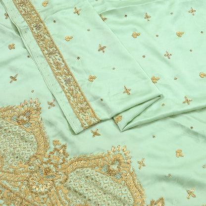 Indian Vintage Heavy Wedding Green Dupatta Pure Satin Silk Long Stole Hand Embroidered Scarves Golden Zardozi Stole