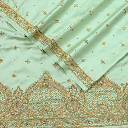 Indian Vintage Heavy Wedding Green Dupatta Pure Satin Silk Long Stole Hand Embroidered Scarves Golden Zardozi Stole