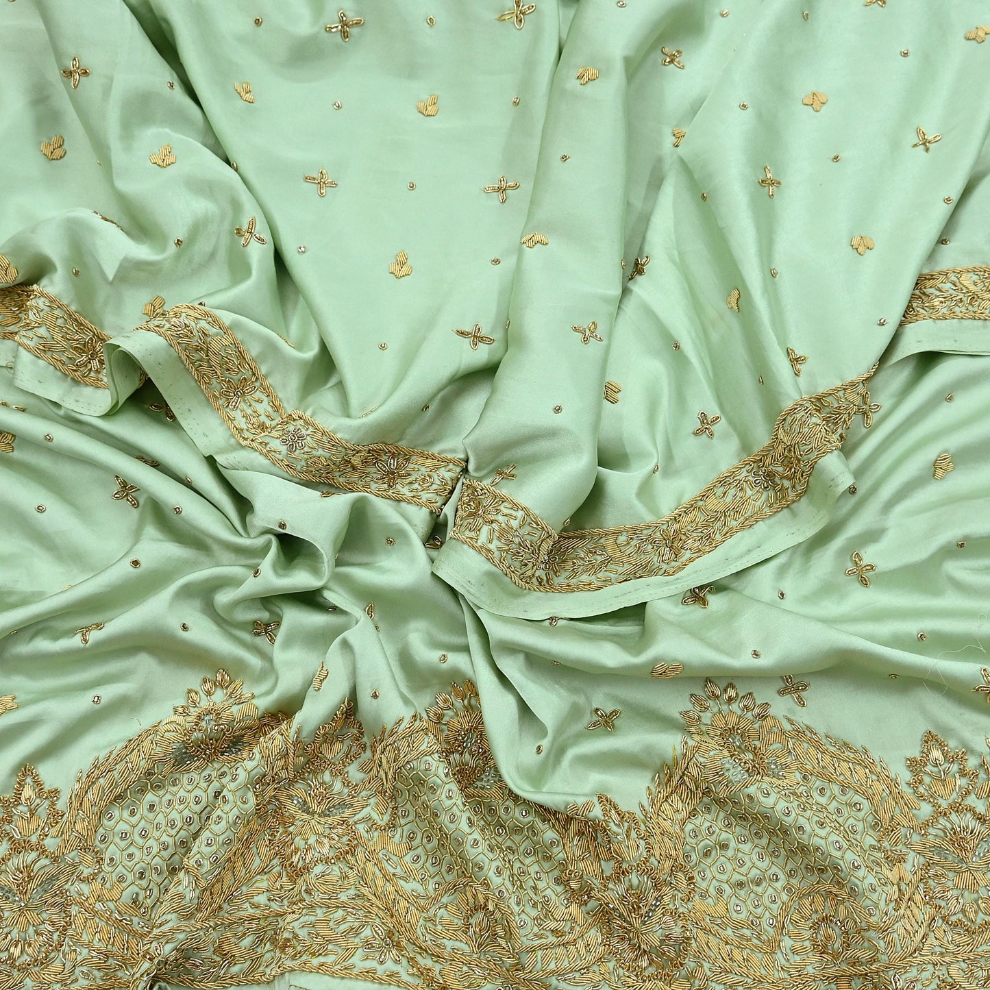 Indian Vintage Heavy Wedding Green Dupatta Pure Satin Silk Long Stole Hand Embroidered Scarves Golden Zardozi Stole