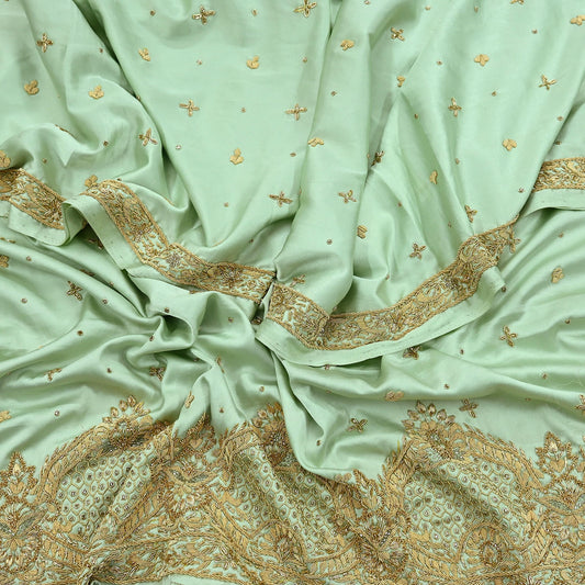 Indian Vintage Heavy Wedding Green Dupatta Pure Satin Silk Long Stole Hand Embroidered Scarves Golden Zardozi Stole