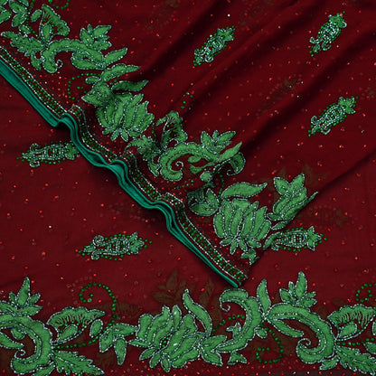 Indian Vintage Heavy Bridal Maroon Dupatta Pure Georgette Silk Long Stole Hand Embroidered Scarf Wedding Hijab veil Boho