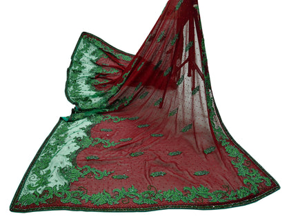 Indian Vintage Heavy Bridal Maroon Dupatta Pure Georgette Silk Long Stole Hand Embroidered Scarf Wedding Hijab veil Boho