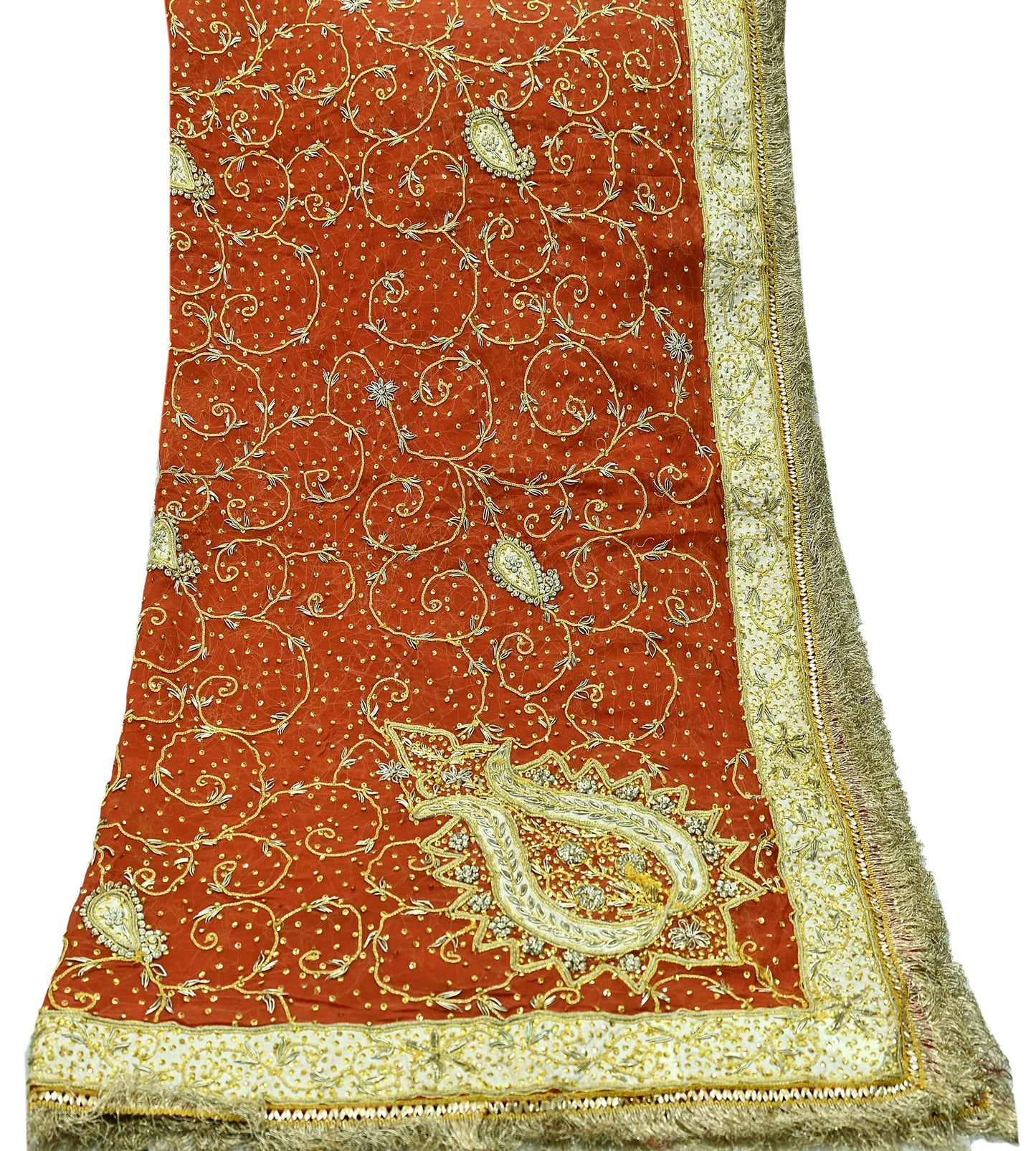 Indian Vintage Heavy Bridal Dupatta Orange Pure Chiffon Silk Long Stole Hand Embroidered Hijab Scarf Zardozi/Dabka Zari 1980s Wedding