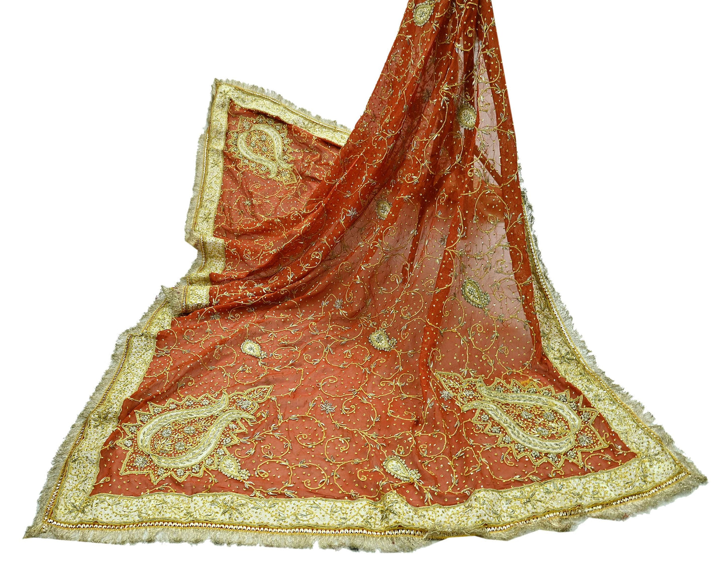 Indian Vintage Heavy Bridal Dupatta Orange Pure Chiffon Silk Long Stole Hand Embroidered Hijab Scarf Zardozi/Dabka Zari 1980s Wedding