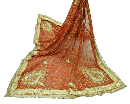 Indian Vintage Heavy Bridal Dupatta Orange Pure Chiffon Silk Long Stole Hand Embroidered Hijab Scarf Zardozi/Dabka Zari 1980s Wedding