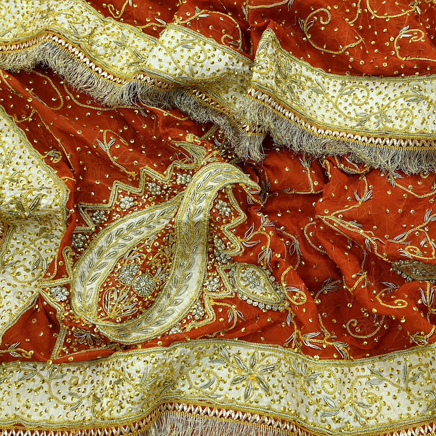 Indian Vintage Heavy Bridal Dupatta Orange Pure Chiffon Silk Long Stole Hand Embroidered Hijab Scarf Zardozi/Dabka Zari 1980s Wedding