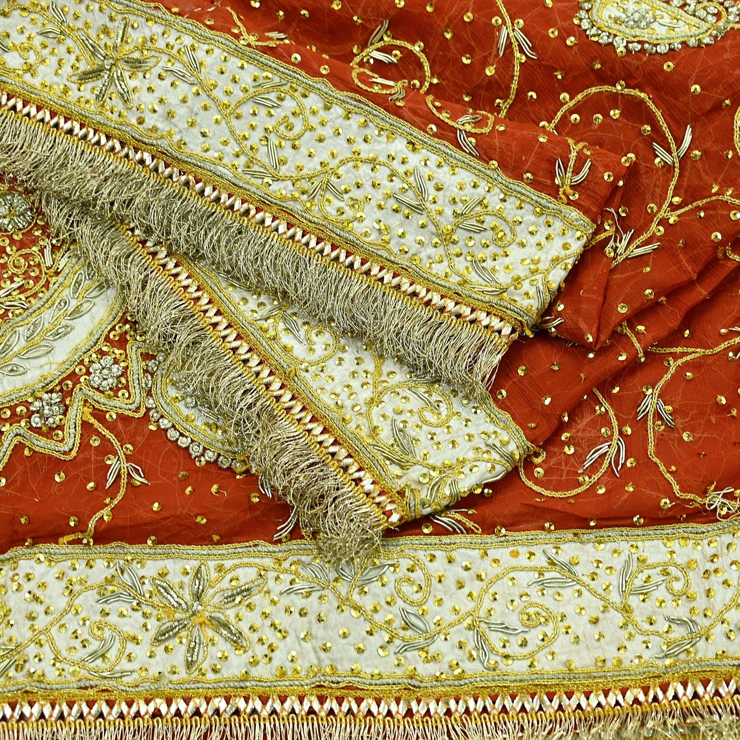 Indian Vintage Heavy Bridal Dupatta Orange Pure Chiffon Silk Long Stole Hand Embroidered Hijab Scarf Zardozi/Dabka Zari 1980s Wedding