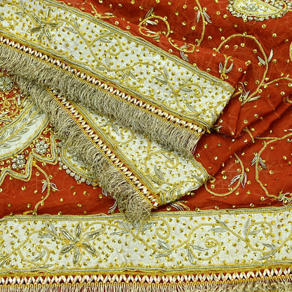 Indian Vintage Heavy Bridal Dupatta Orange Pure Chiffon Silk Long Stole Hand Embroidered Hijab Scarf Zardozi/Dabka Zari 1980s Wedding