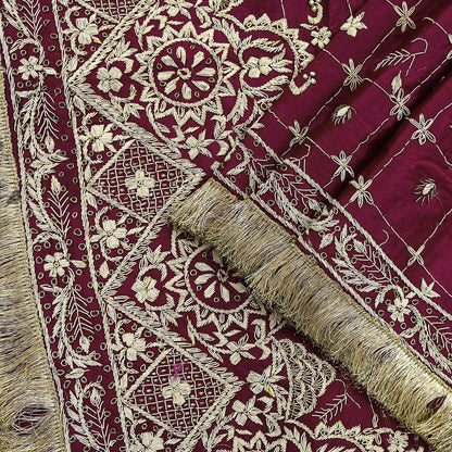 Indian Vintage Heavy Wedding Wine Dupatta Pure Satin Silk Long Stole Hand Embroidered Scarves Golden Zardozi Stole Fringes Bridal veil