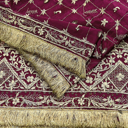 Indian Vintage Heavy Wedding Wine Dupatta Pure Satin Silk Long Stole Hand Embroidered Scarves Golden Zardozi Stole Fringes Bridal veil