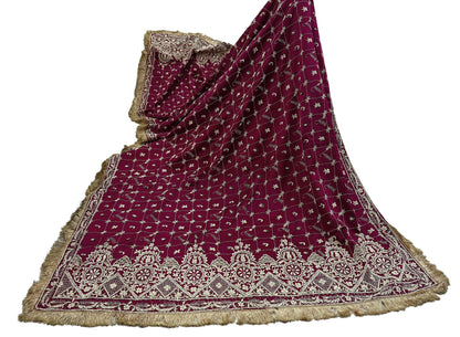 Indian Vintage Heavy Wedding Wine Dupatta Pure Satin Silk Long Stole Hand Embroidered Scarves Golden Zardozi Stole Fringes Bridal veil