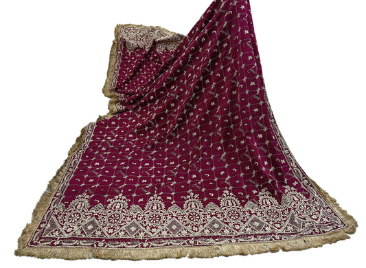 Indian Vintage Heavy Wedding Wine Dupatta Pure Satin Silk Long Stole Hand Embroidered Scarves Golden Zardozi Stole Fringes Bridal veil