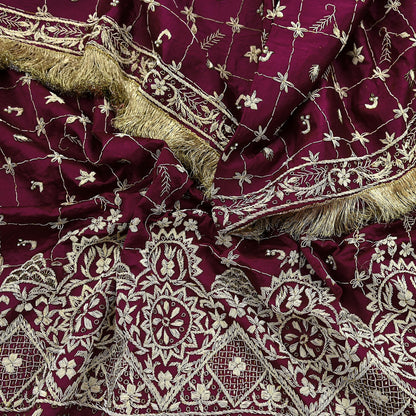 Indian Vintage Heavy Wedding Wine Dupatta Pure Satin Silk Long Stole Hand Embroidered Scarves Golden Zardozi Stole Fringes Bridal veil
