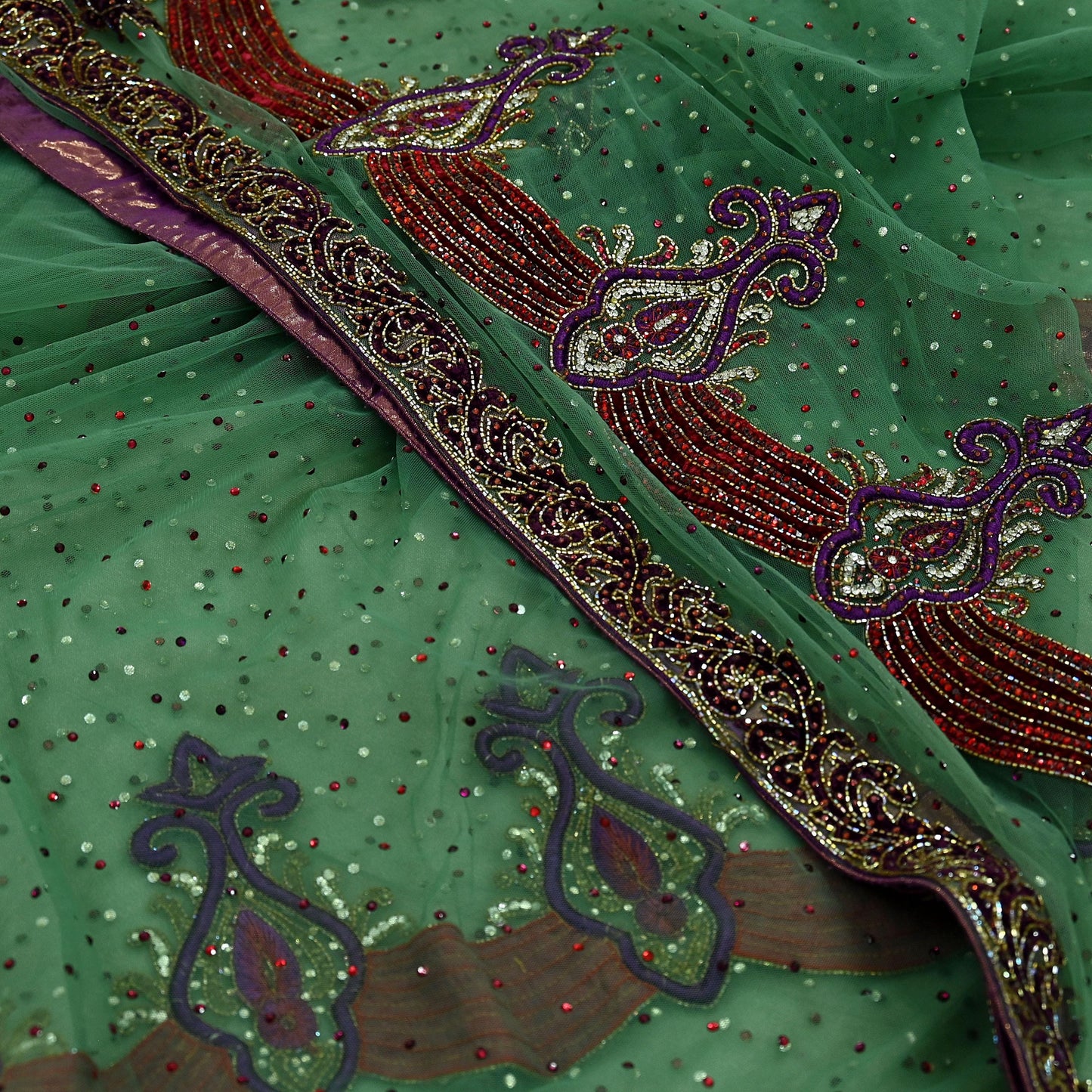 Indian Vintage Heavy Sari Green Net/Mesh Hand Embroidered Sarees Craft Fabric 6Yd Sewing Soft Zardozi Wedding sarees With Blouse fabric