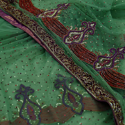 Indian Vintage Heavy Sari Green Net/Mesh Hand Embroidered Sarees Craft Fabric 6Yd Sewing Soft Zardozi Wedding sarees With Blouse fabric