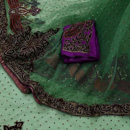 Indian Vintage Heavy Sari Green Net/Mesh Hand Embroidered Sarees Craft Fabric 6Yd Sewing Soft Zardozi Wedding sarees With Blouse fabric