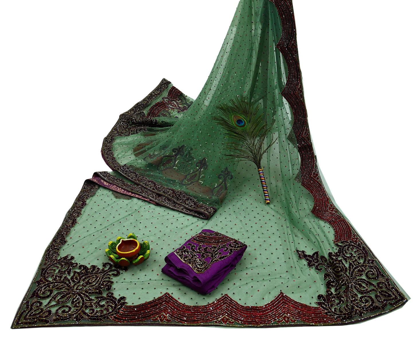 Indian Vintage Heavy Sari Green Net/Mesh Hand Embroidered Sarees Craft Fabric 6Yd Sewing Soft Zardozi Wedding sarees With Blouse fabric