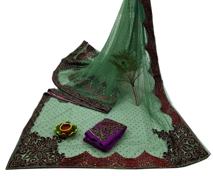 Indian Vintage Heavy Sari Green Net/Mesh Hand Embroidered Sarees Craft Fabric 6Yd Sewing Soft Zardozi Wedding sarees With Blouse fabric