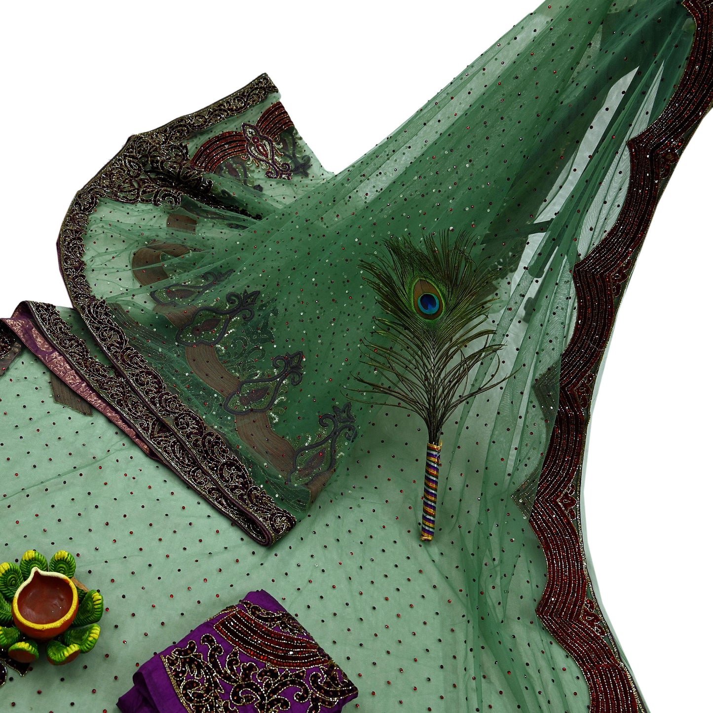 Indian Vintage Heavy Sari Green Net/Mesh Hand Embroidered Sarees Craft Fabric 6Yd Sewing Soft Zardozi Wedding sarees With Blouse fabric