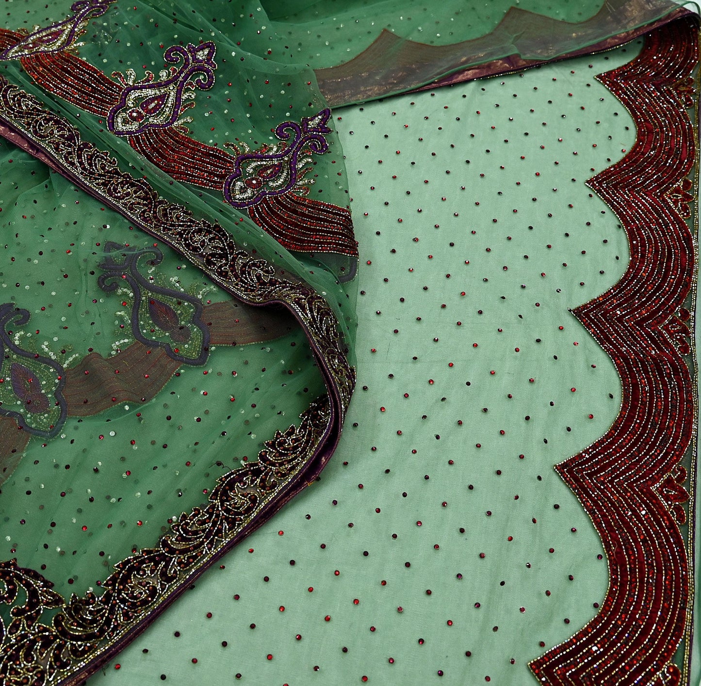 Indian Vintage Heavy Sari Green Net/Mesh Hand Embroidered Sarees Craft Fabric 6Yd Sewing Soft Zardozi Wedding sarees With Blouse fabric