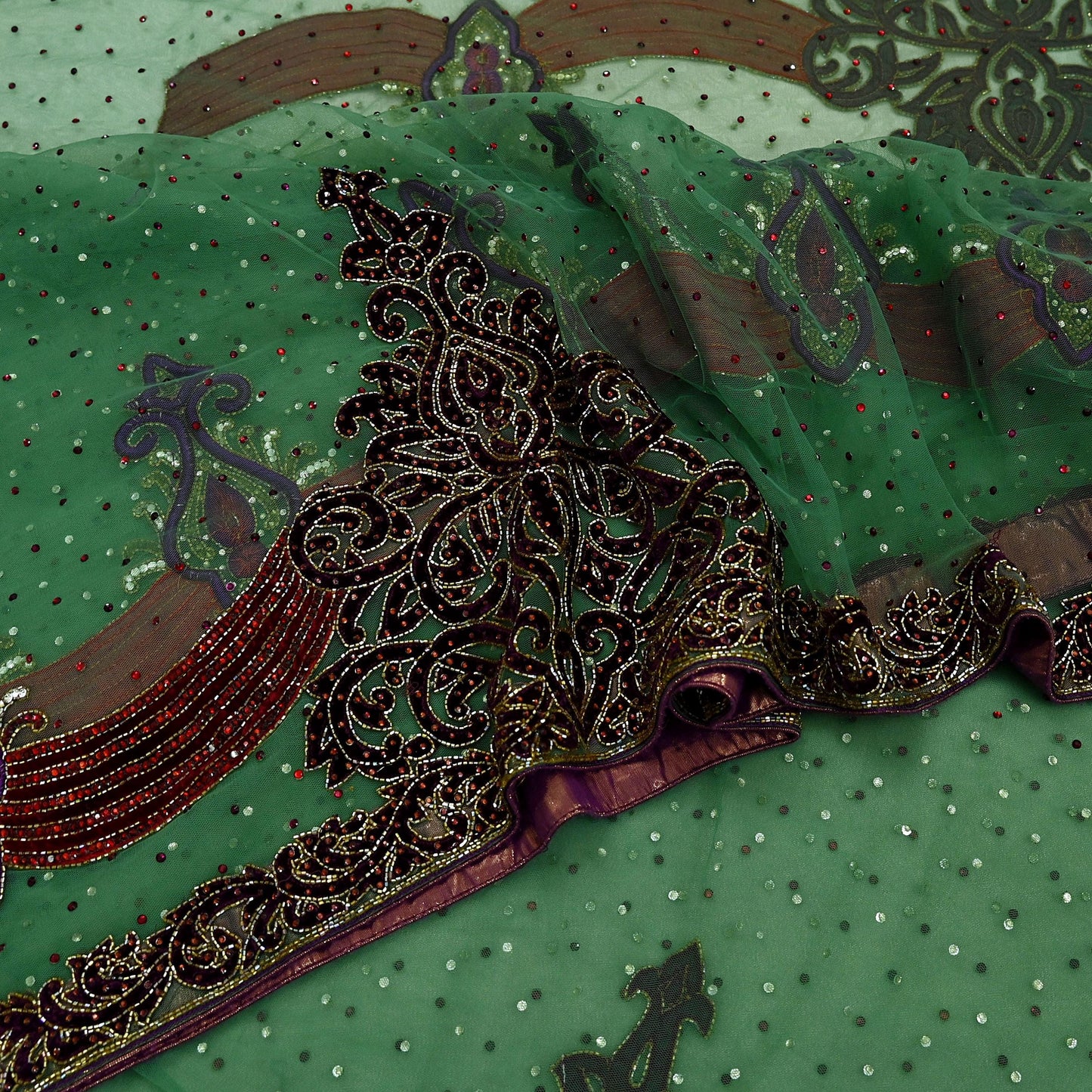 Indian Vintage Heavy Sari Green Net/Mesh Hand Embroidered Sarees Craft Fabric 6Yd Sewing Soft Zardozi Wedding sarees With Blouse fabric