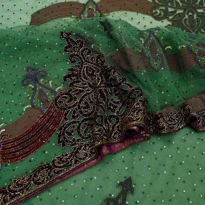 Indian Vintage Heavy Sari Green Net/Mesh Hand Embroidered Sarees Craft Fabric 6Yd Sewing Soft Zardozi Wedding sarees With Blouse fabric
