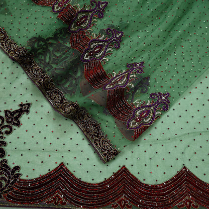 Indian Vintage Heavy Sari Green Net/Mesh Hand Embroidered Sarees Craft Fabric 6Yd Sewing Soft Zardozi Wedding sarees With Blouse fabric