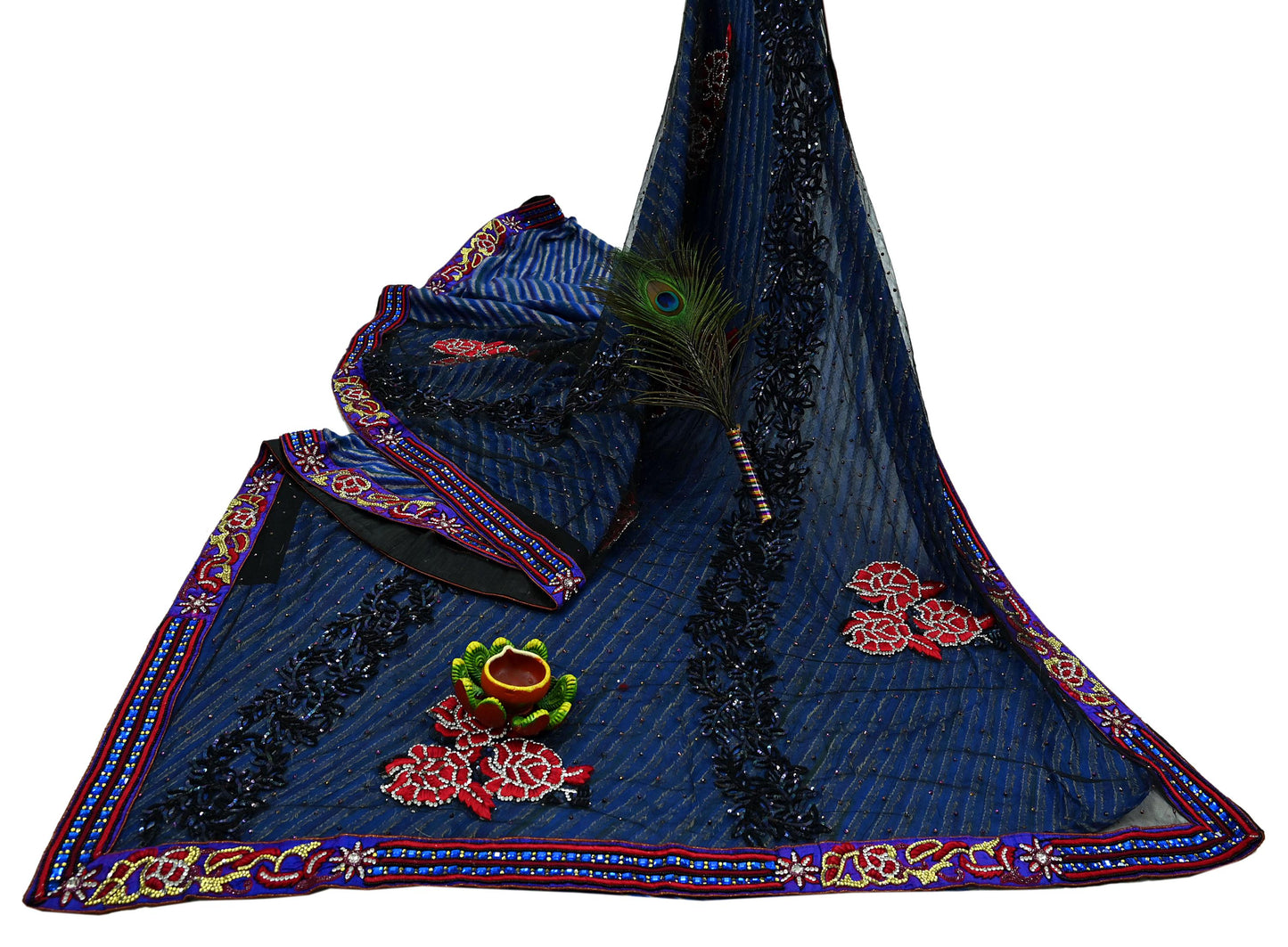 Indian Vintage Sari Black & Blue Pure Georgette Silk NetHand Beaded Sarees Fabric 6Yd Sewing Ethnic With Matching Unstitched Blouse Fabric