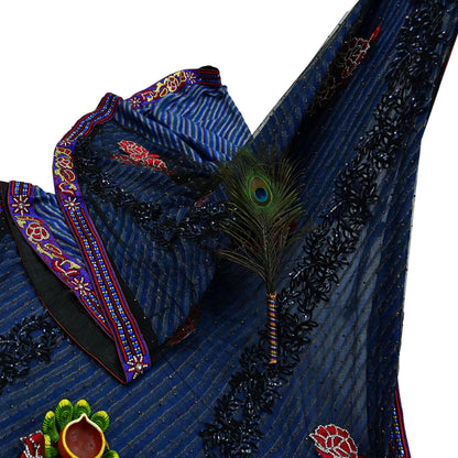 Indian Vintage Sari Black & Blue Pure Georgette Silk NetHand Beaded Sarees Fabric 6Yd Sewing Ethnic With Matching Unstitched Blouse Fabric