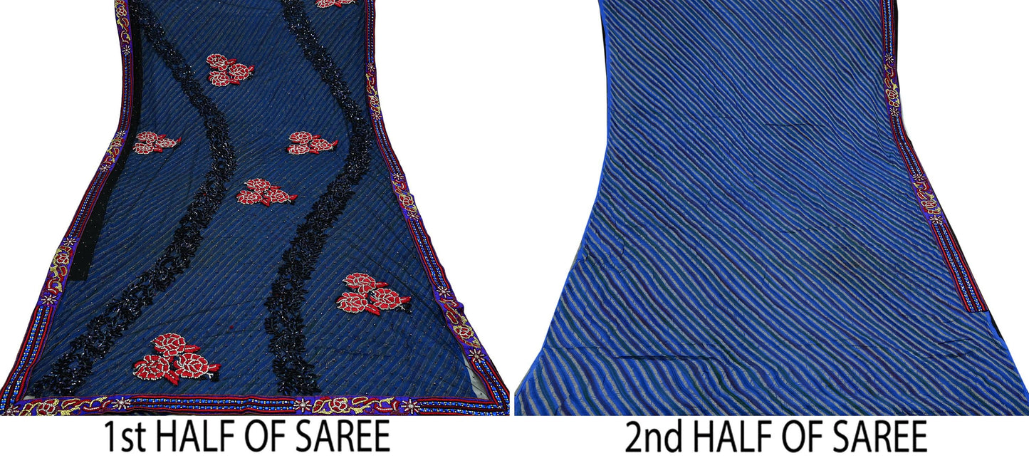 Indian Vintage Sari Black & Blue Pure Georgette Silk NetHand Beaded Sarees Fabric 6Yd Sewing Ethnic With Matching Unstitched Blouse Fabric