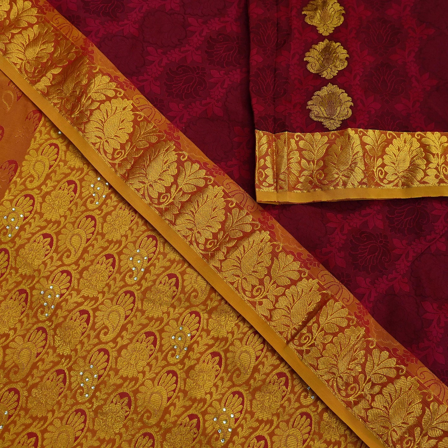 Indian Vintage Heavy Saree Maroon & Saffron Hand Woven Kanjivaram 100% Pure Silk Sari Craft Fabric 5Yd Ethnic Zari Floral