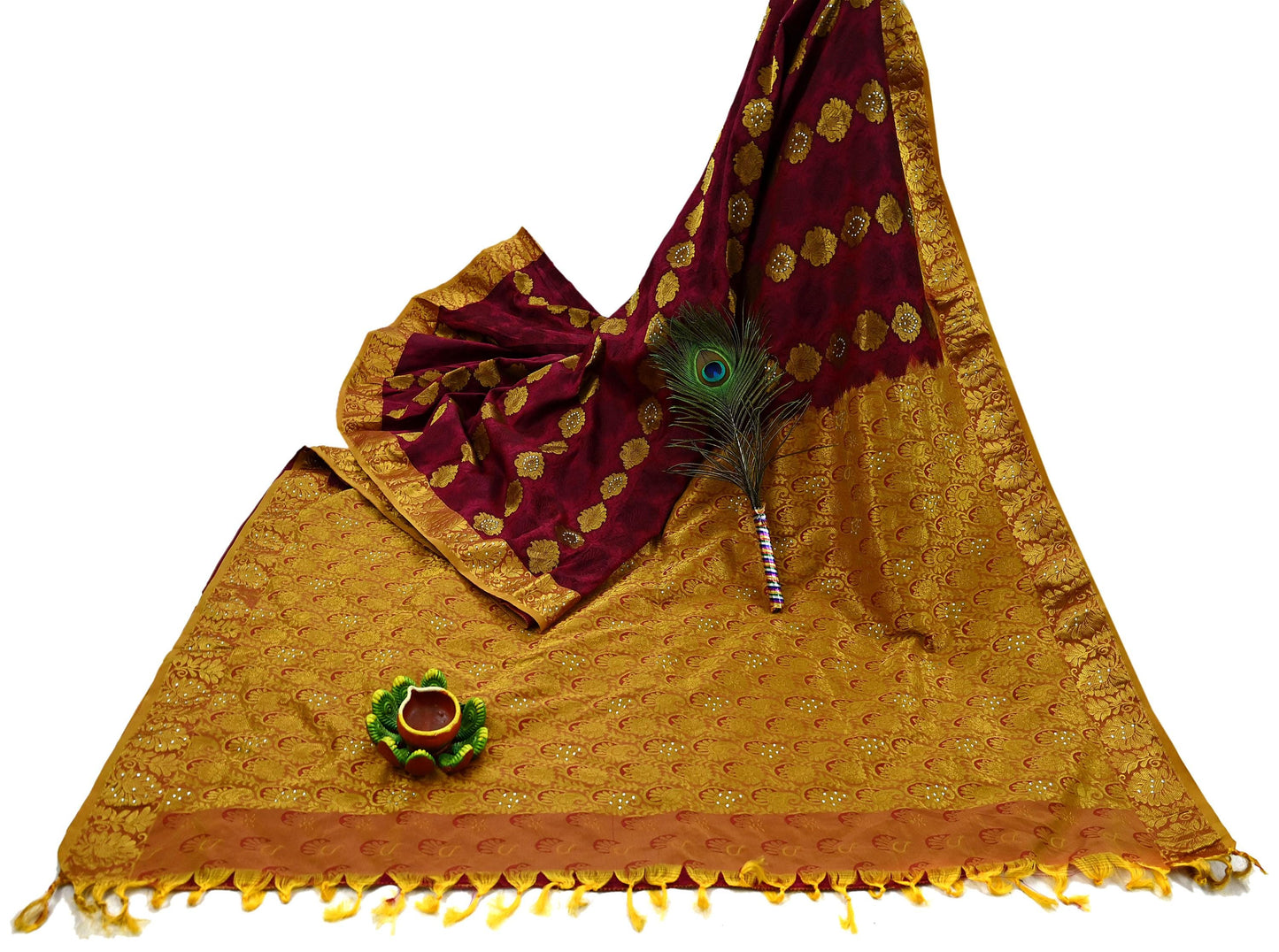 Indian Vintage Heavy Saree Maroon & Saffron Hand Woven Kanjivaram 100% Pure Silk Sari Craft Fabric 5Yd Ethnic Zari Floral