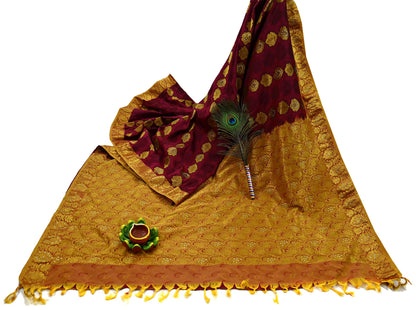 Indian Vintage Heavy Saree Maroon & Saffron Hand Woven Kanjivaram 100% Pure Silk Sari Craft Fabric 5Yd Ethnic Zari Floral