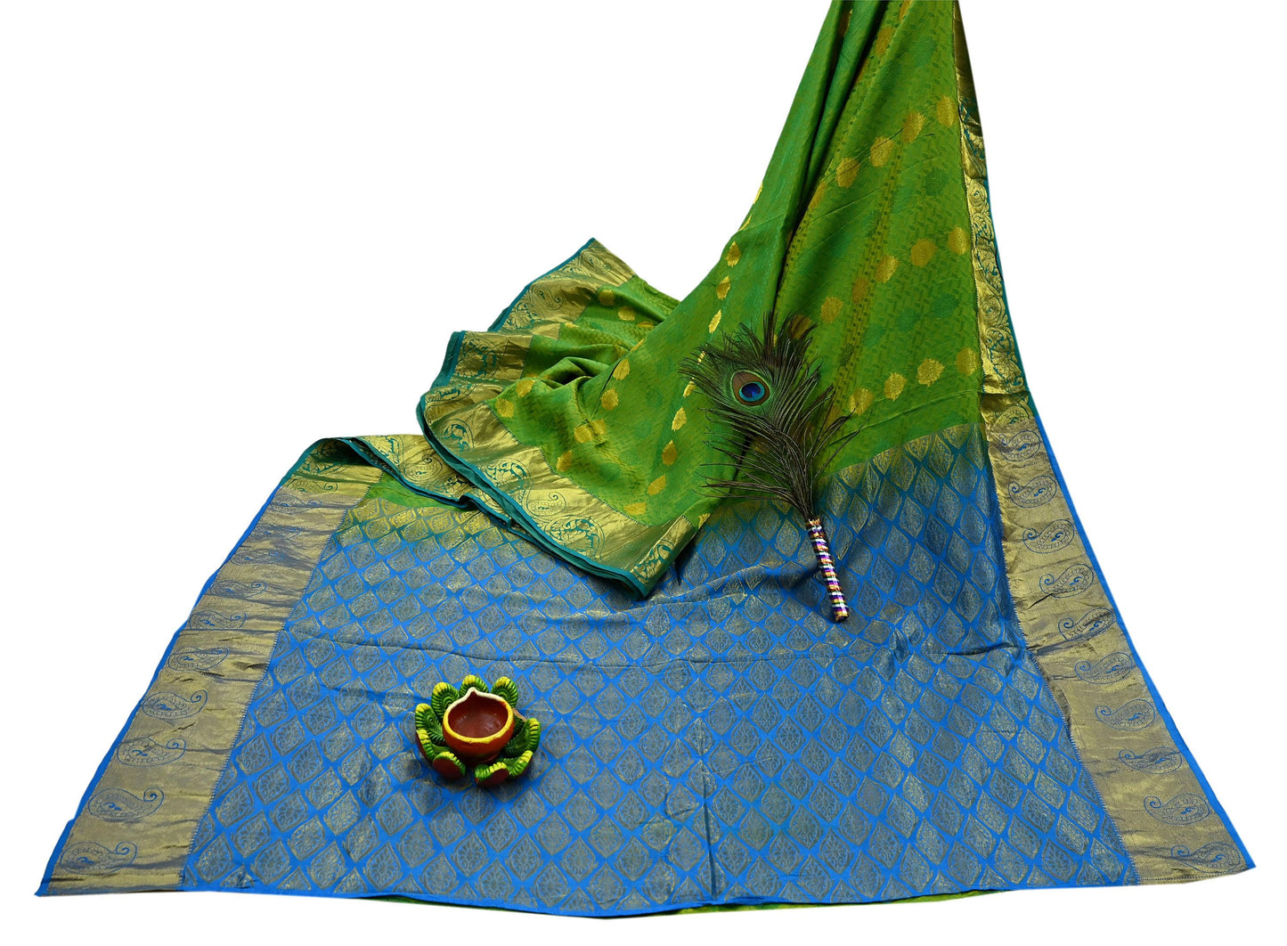 Indian Vintage Heavy Sari Green & Blue Kanjivaram Saree 100% Pure Silk Zari 5Yd Crafting Dress making For Crafting Quilting Upcycle