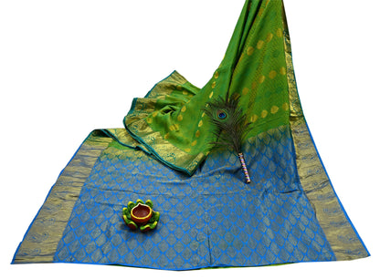 Indian Vintage Heavy Sari Green & Blue Kanjivaram Saree 100% Pure Silk Zari 5Yd Crafting Dress making For Crafting Quilting Upcycle
