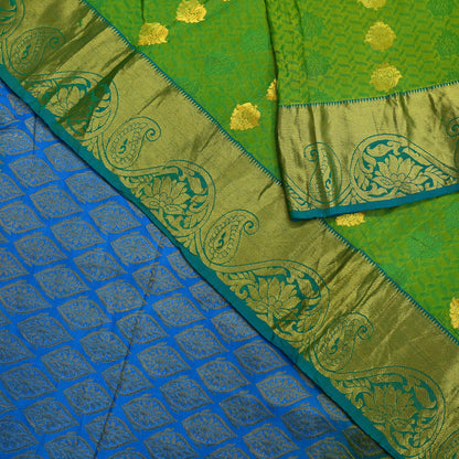 Indian Vintage Heavy Sari Green & Blue Kanjivaram Saree 100% Pure Silk Zari 5Yd Crafting Dress making For Crafting Quilting Upcycle