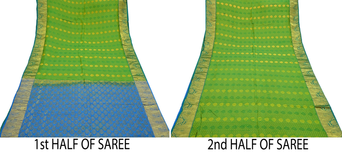 Indian Vintage Heavy Sari Green & Blue Kanjivaram Saree 100% Pure Silk Zari 5Yd Crafting Dress making For Crafting Quilting Upcycle