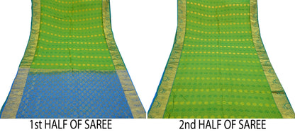 Indian Vintage Heavy Sari Green & Blue Kanjivaram Saree 100% Pure Silk Zari 5Yd Crafting Dress making For Crafting Quilting Upcycle