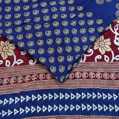 Indian Vintage Sari Maroon & Blue Printed Sarees Pure Cotton Craft Fabric Soft 5Yd Sewing Sarong Wrap Boho Floral Dress making Quilting