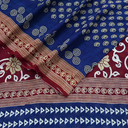 Indian Vintage Sari Maroon & Blue Printed Sarees Pure Cotton Craft Fabric Soft 5Yd Sewing Sarong Wrap Boho Floral Dress making Quilting